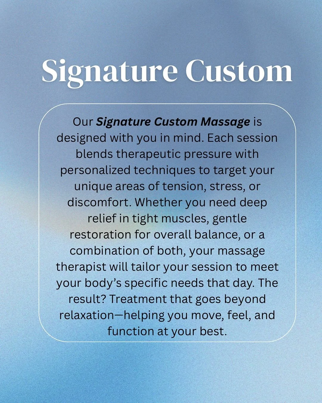 Experience Massage Therapy, ✨The Westside Way✨

Our massages are more than just relaxation- they&rsquo;re therapeutic, personalized and designed with your body in mind. Our main focus is on tissue health, restoring movement and calming the mind. We&r