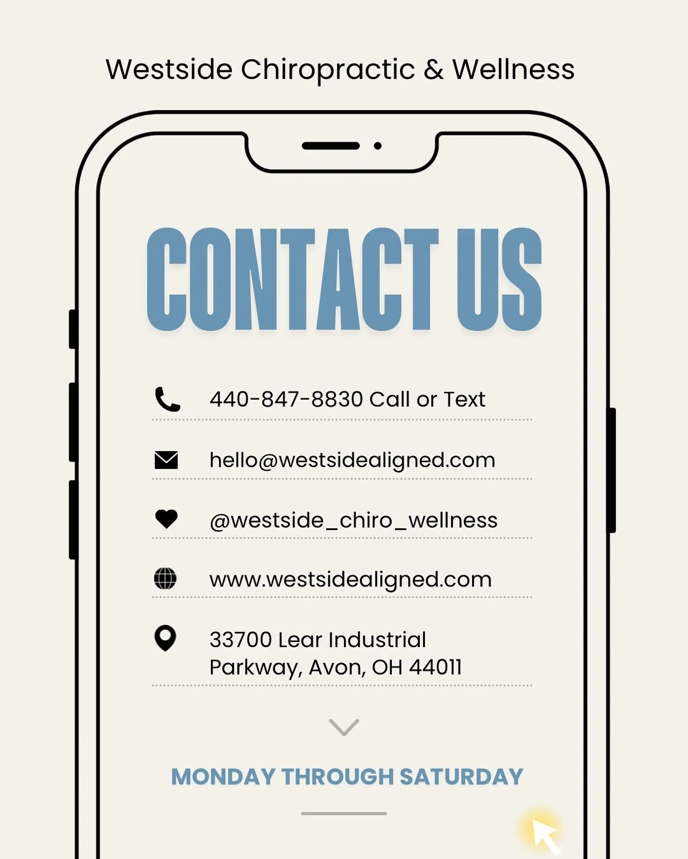 Here is how to get a hold of us.

Schedules are OPEN starting October 27th for:
- New Patients
- Chiropractic Care
- Decompression Therapy
- Massage Therapy

We&rsquo;re always available 📲  Don&rsquo;t hesitate to reach out!