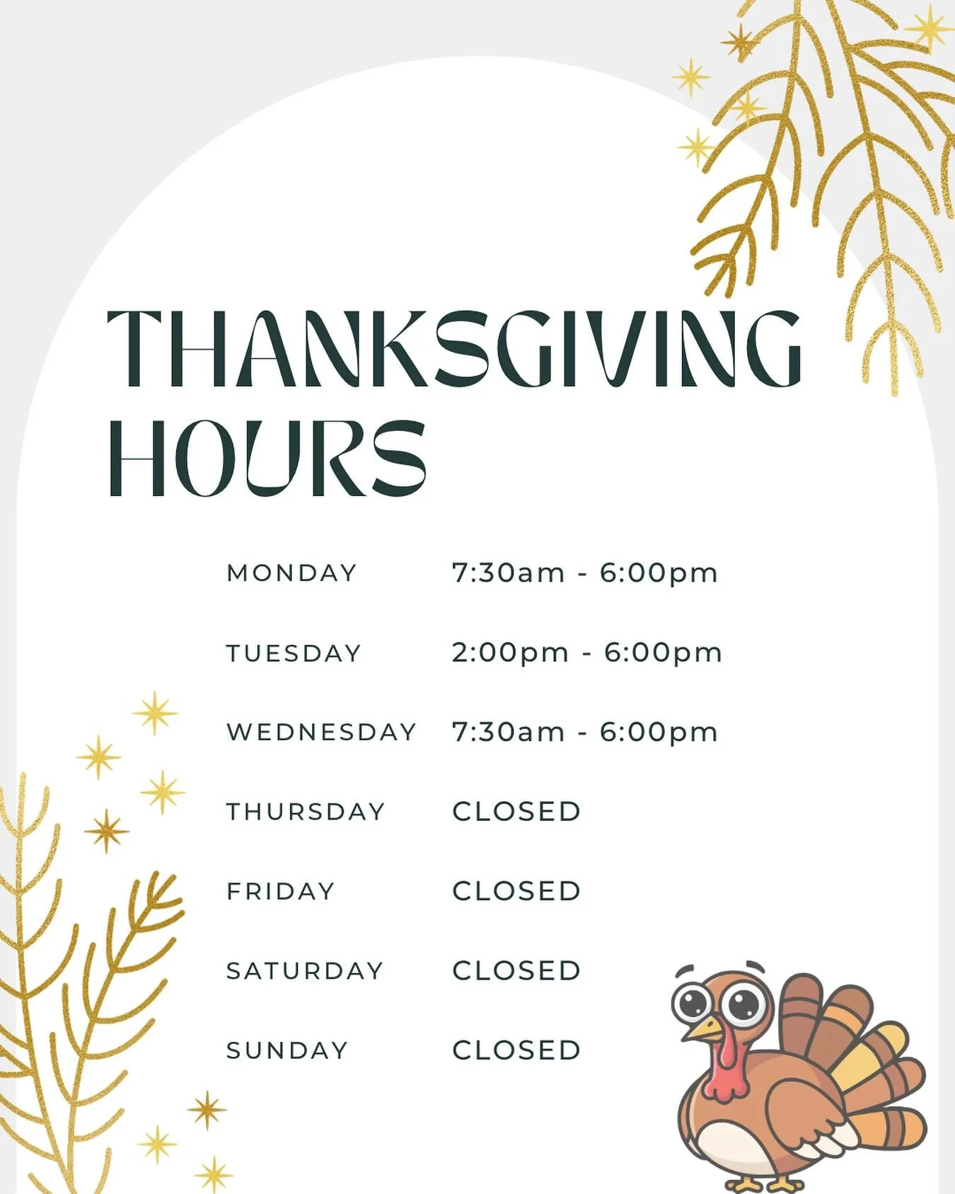 Tis the Season! 🦃

We will be OPEN next week Monday - Wednesday and then CLOSED Thursday - Sunday!

(440)847-8830 call or text or book online if you want to get in before Thanksgiving!