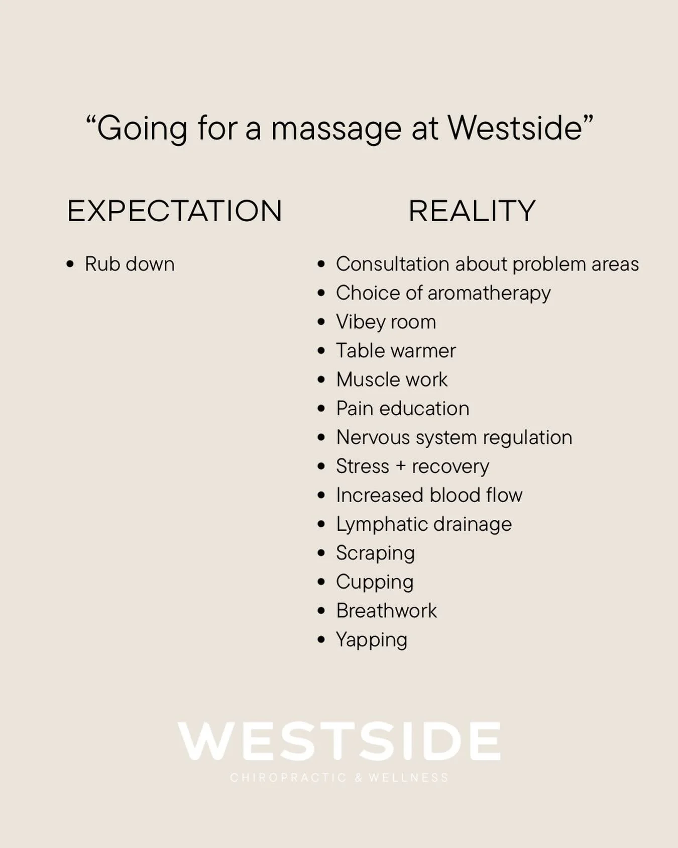 Not all massages are created equal&hellip; and at Westside Chiropractic &amp; Wellness, we definitely don't donthe gentle relaxation rub down thing😉

Our therapeutic massage sessions are designed with intention &mdash; to help your body move better,