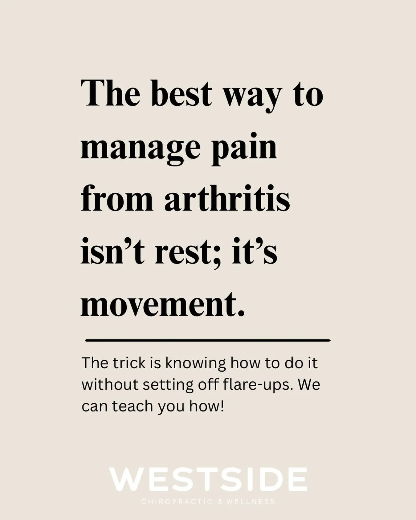Motion is lotion. 🦴✨

One of the best things you can do for degenerative change (aka arthritis) is keep moving. When joints stay active, they stay nourished, mobile, and far less stiff.

At Westside Chiropractic &amp; Wellness, we help support that 