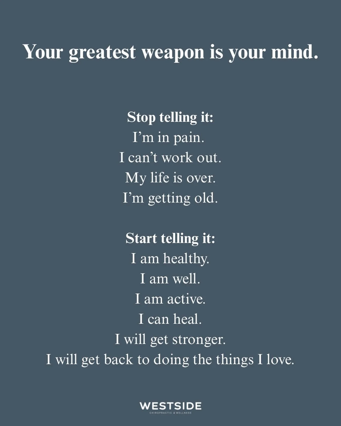 Our brains believe what we continue to tell it.

What are you saying that might be keeping you sick?