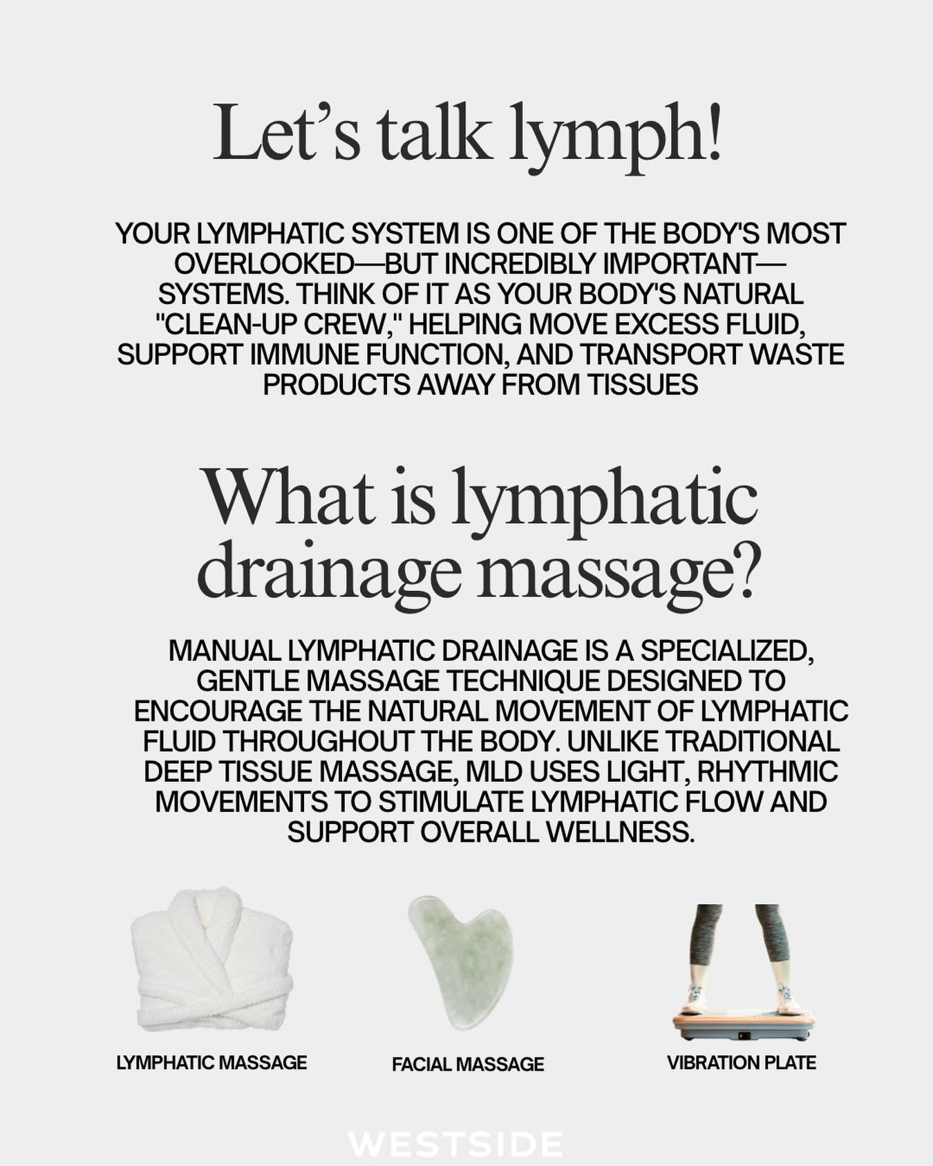 Everyone is talking about lymphatic drainage 🎙️

Your lymphatic system is one of the body&rsquo;s most overlooked&mdash;but incredibly important&mdash;systems. 

Think of it as your body&rsquo;s natural &ldquo;clean-up crew,&rdquo; helping move exce