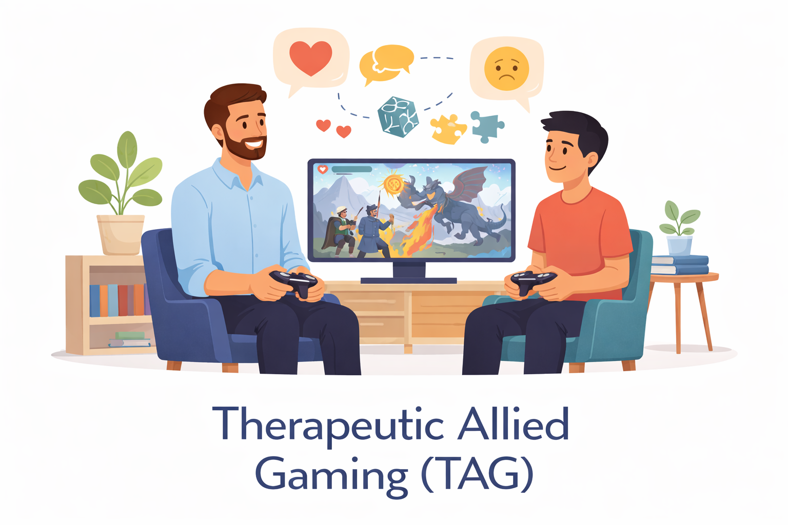 Two men playing video games together in a living room, with a monitor displaying fantasy characters fighting a dragon. Speech bubbles with hearts, speech, and sad faces are above their heads, along with symbols of a cube, puzzle piece, and hearts. The setting includes plants, books, and a TV stand.