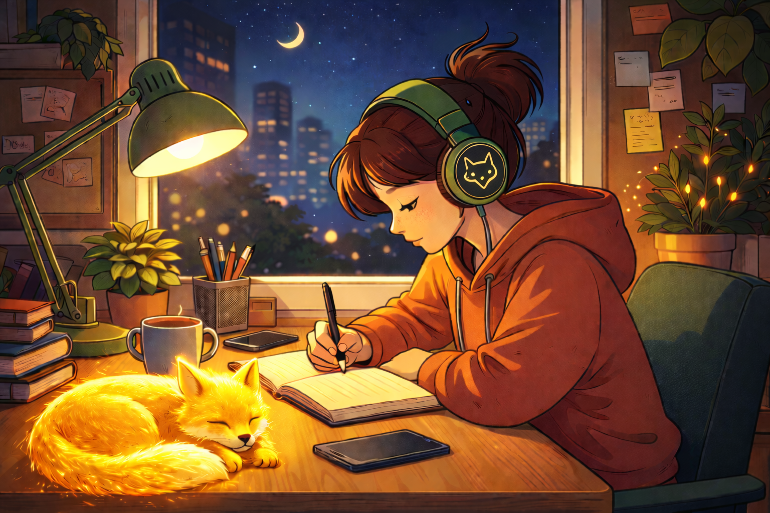 A girl with brown hair, wearing a hoodie and headphones with a cat face design, is writing in a journal at a desk in an illuminated room at night. A glowing, animated-looking fox is curled up and sleeping on the desk. The room has a window showing a night sky with stars and a crescent moon, and is decorated with plants and various papers on the walls.