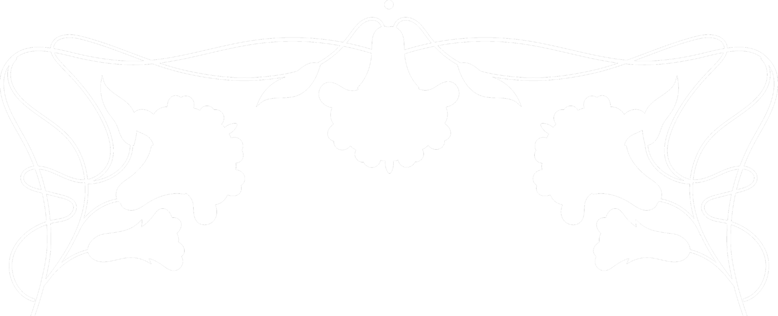 Black and white symmetrical floral design with curling lines and flower shapes.