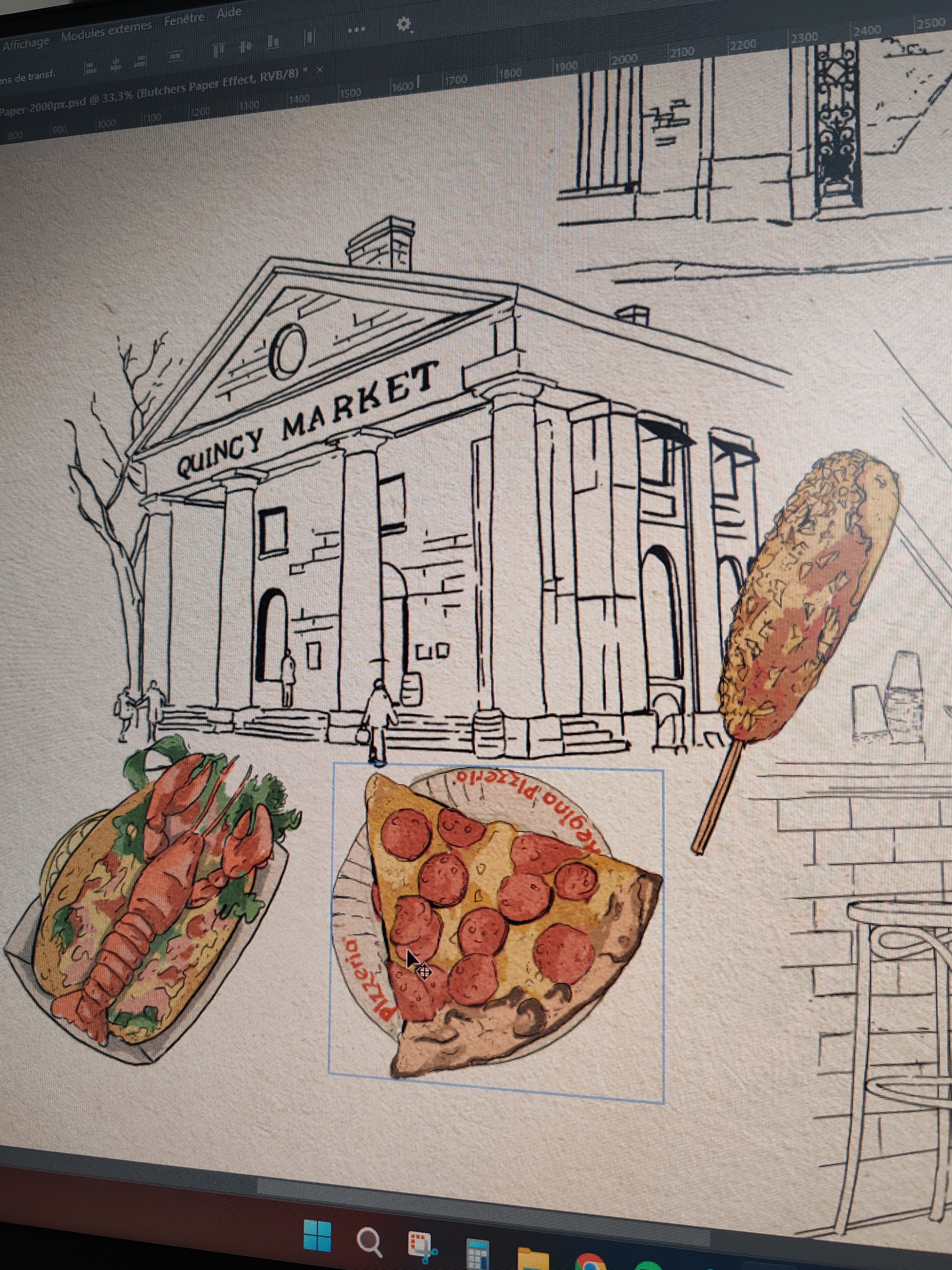 Illustration d'une façade de marché intitulée "Quincy Market" avec des dessins de plats en dessous, notamment une pizza au pepperoni, un homard sur un lit de légumes, et un épi de maïs en épi. Image affichée sur un écran d'ordinateur en mode graphiqu