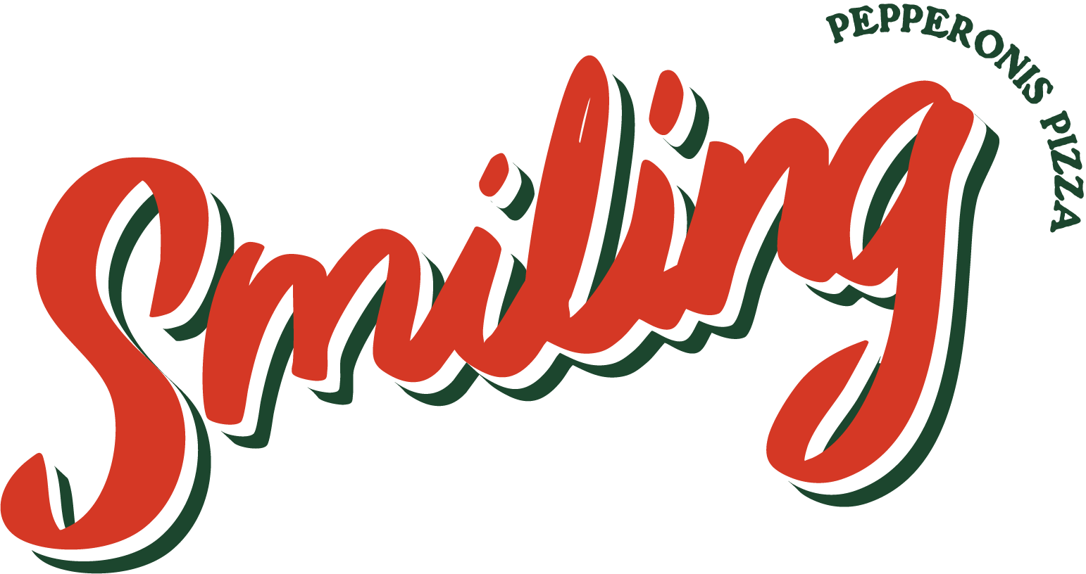 Logo de la marque Smiling Pepperoni's Pizza, avec le nom en texte cursif rouge, entouré d'une ombre verte, et le slogan 'Pepperoni's Pizza' en haut à droite