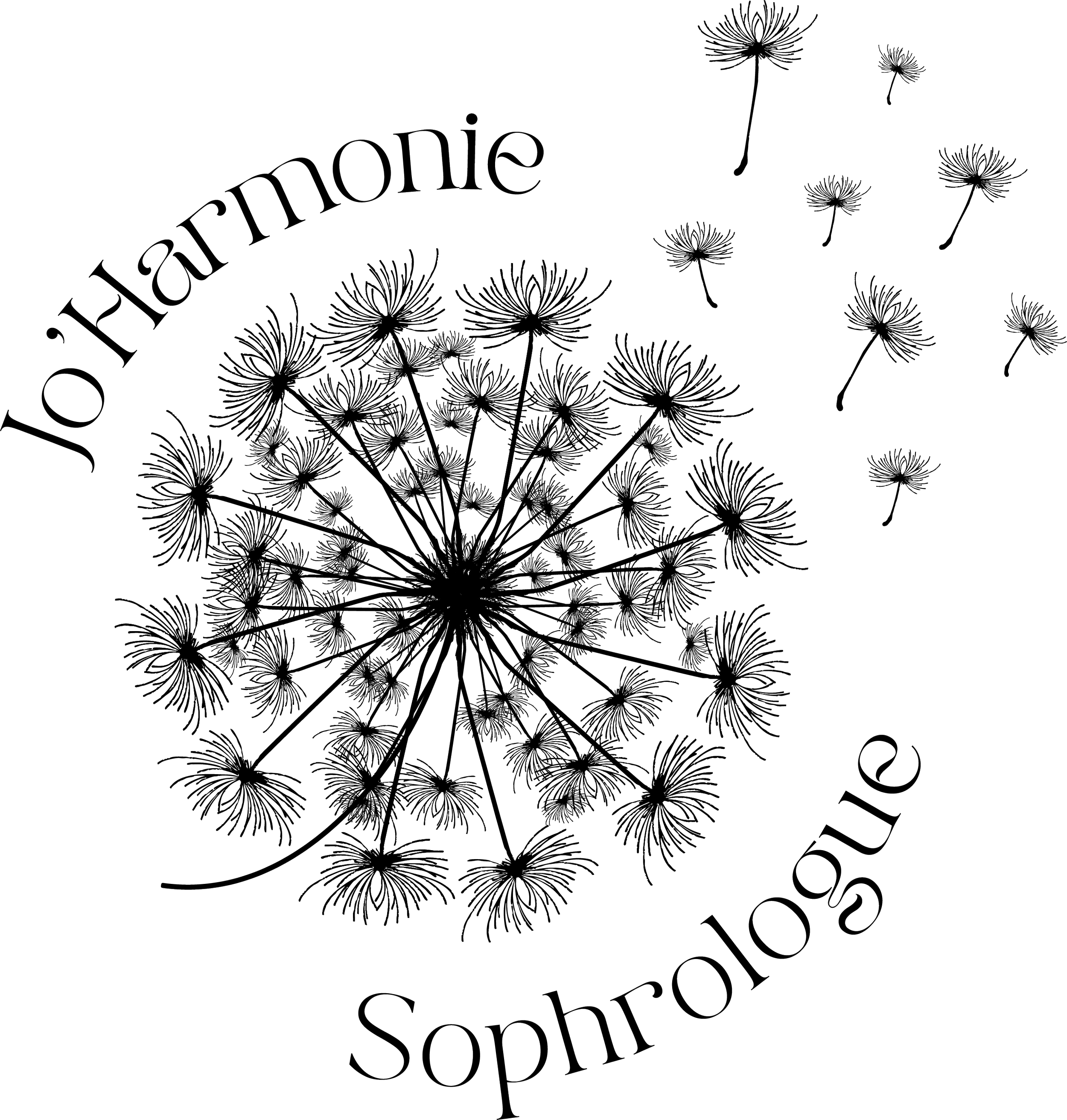 Dessin d'un pissenlit avec le texte 'Jo, harmonie, sophrologie' agencé autour de l'illustration, toutes les éléments en gris sur fond noir.