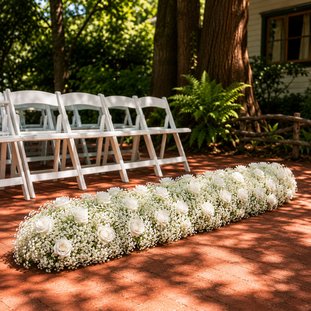 White chairs arranged outdoors facing a floral aisle of white roses and baby's breath, with trees and a house in the background on a sunny day.