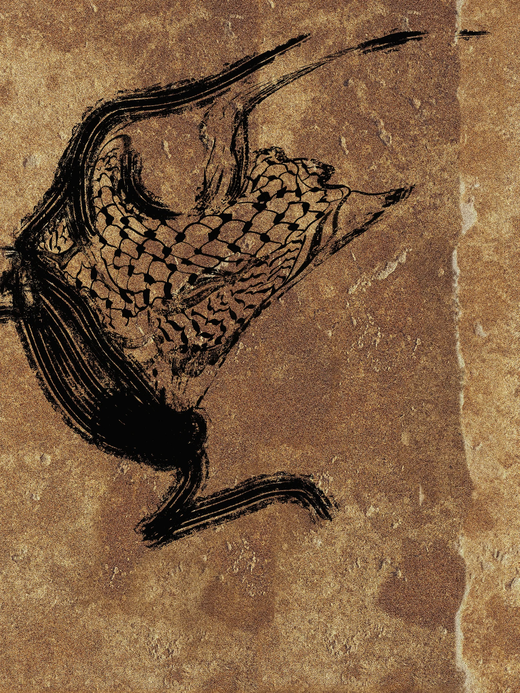 Palestinian keffiyeh drawing over textured bumpy earth-toned background.