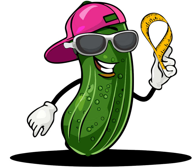 Cartoon pickle with sunglasses and a pink hat holding a tape measure.