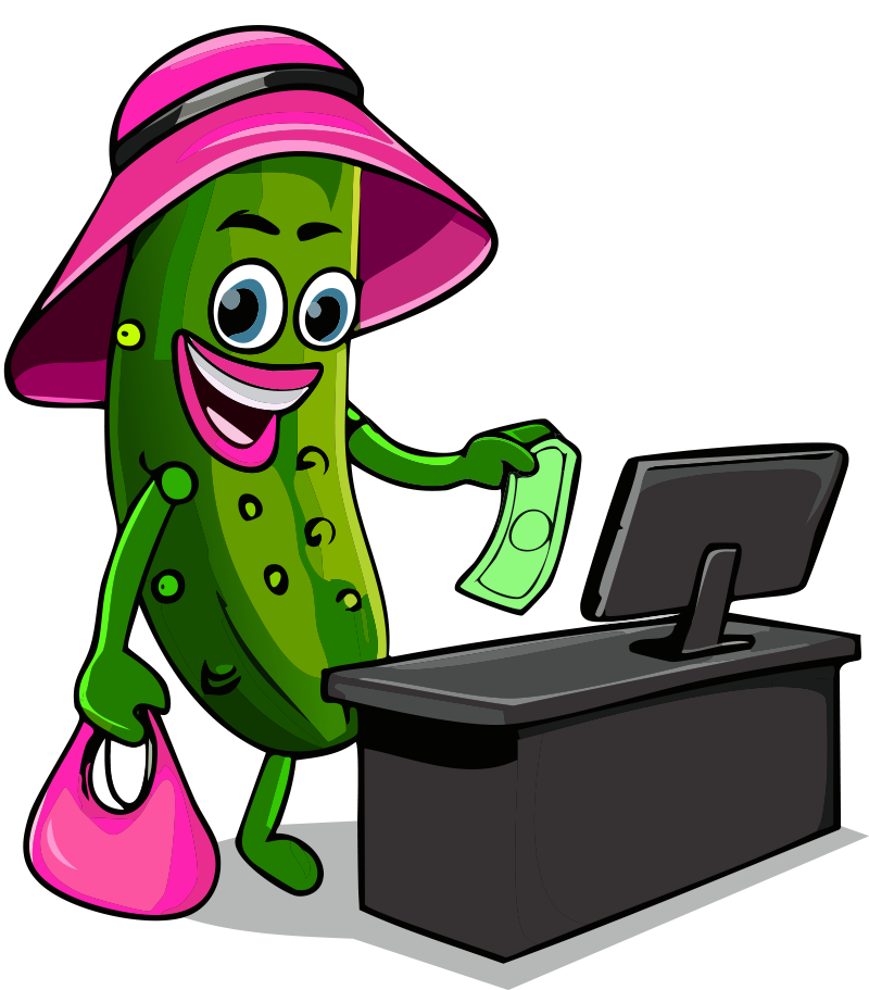 Cartoon cucumber with pink hat and purse, holding money at a checkout counter.