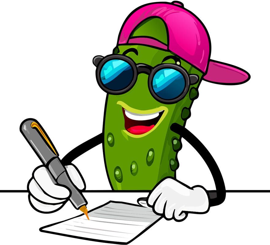 Cartoon pickle wearing sunglasses and a pink cap, writing on paper with a pen.