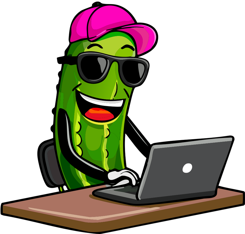 Cartoon pickle character wearing a pink cap and sunglasses, typing on a laptop at a desk.