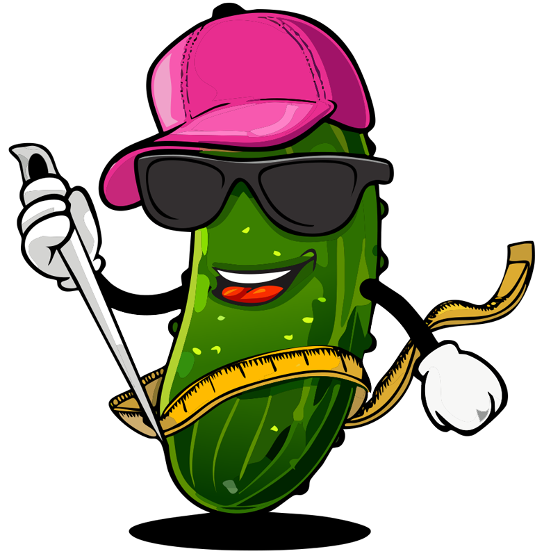 Cartoon pickle character with pink cap and sunglasses, holding a needle and measuring tape.