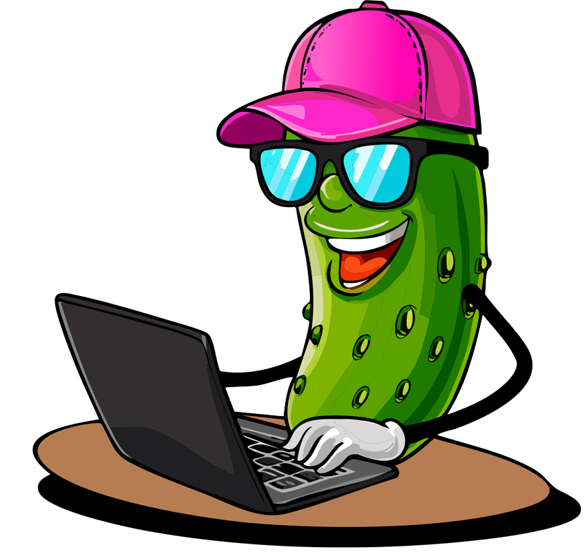 Cartoon pickle wearing a pink hat and sunglasses using a laptop.