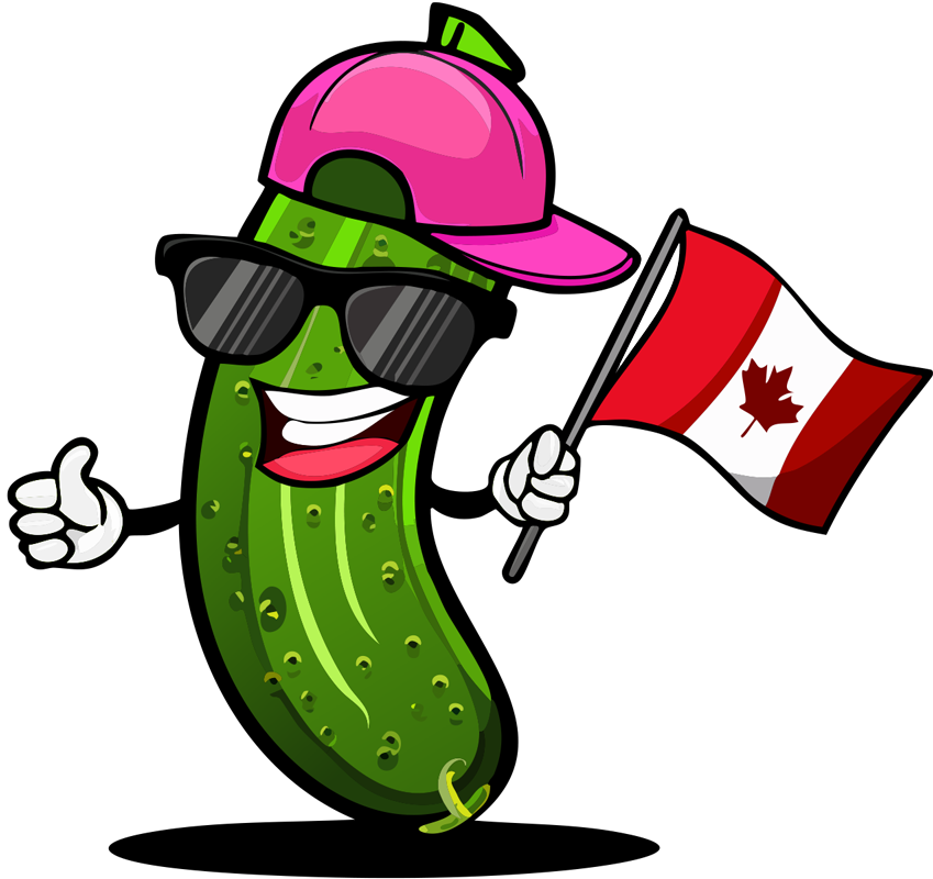 Cartoon pickle wearing sunglasses and a pink cap, holding a Canadian flag, giving a thumbs up.