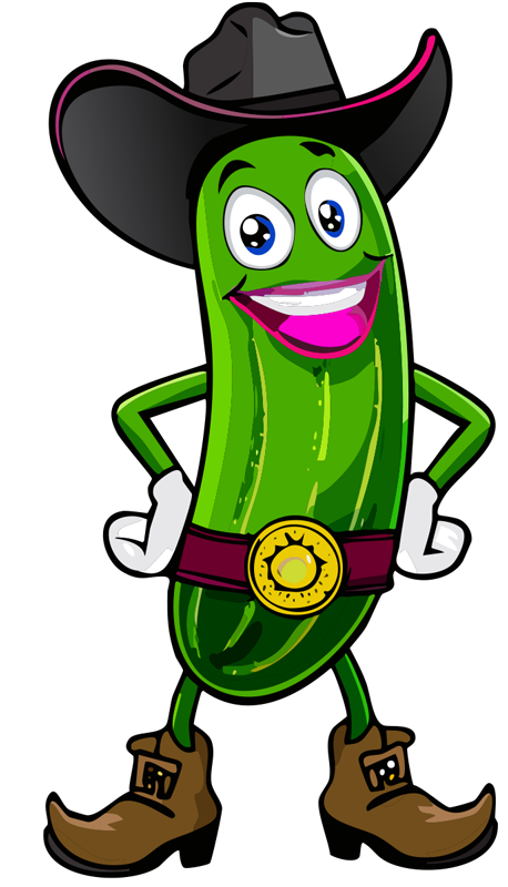 Cartoon pickle character wearing a cowboy hat, belt, and boots with a smiling expression.