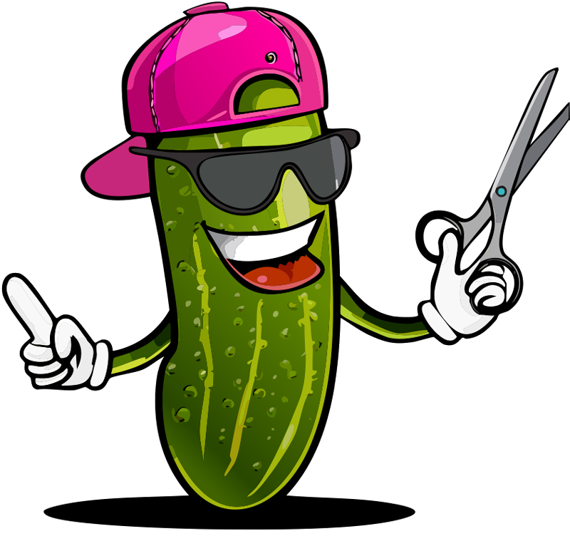 Cartoon pickle in a pink hat holding scissors and wearing sunglasses.