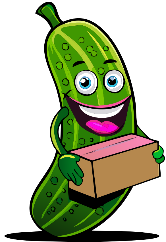 Cartoon pickle character smiling and holding a rectangular shipping box.
