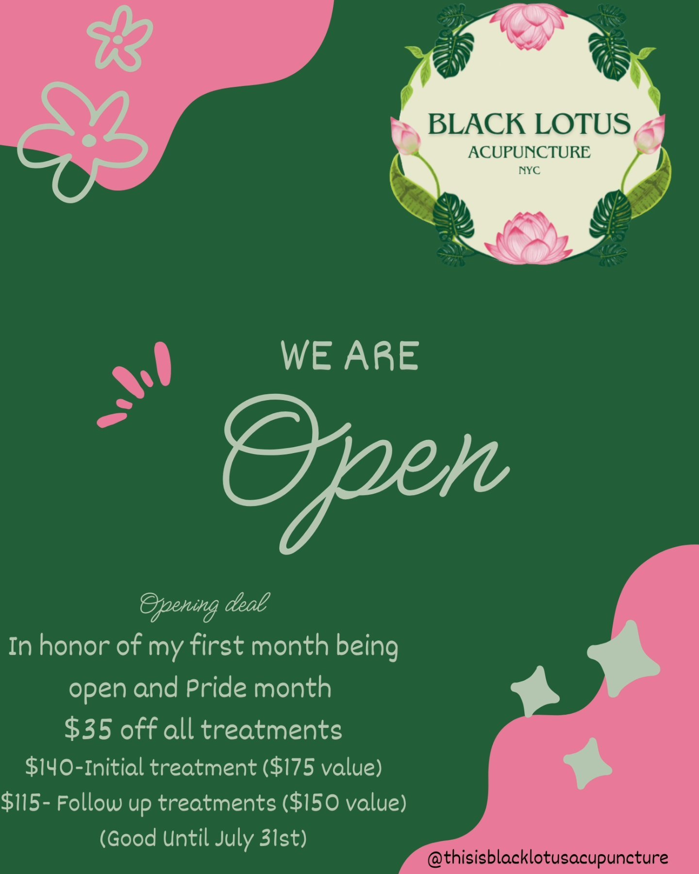 What a blessing it's been to begin serving this incredible community!

To celebrate the opening of Black Lotus Acupuncture, I'm offering a limited-time $35 discount on all services &mdash; a heartfelt thank you for supporting me in the early days of 