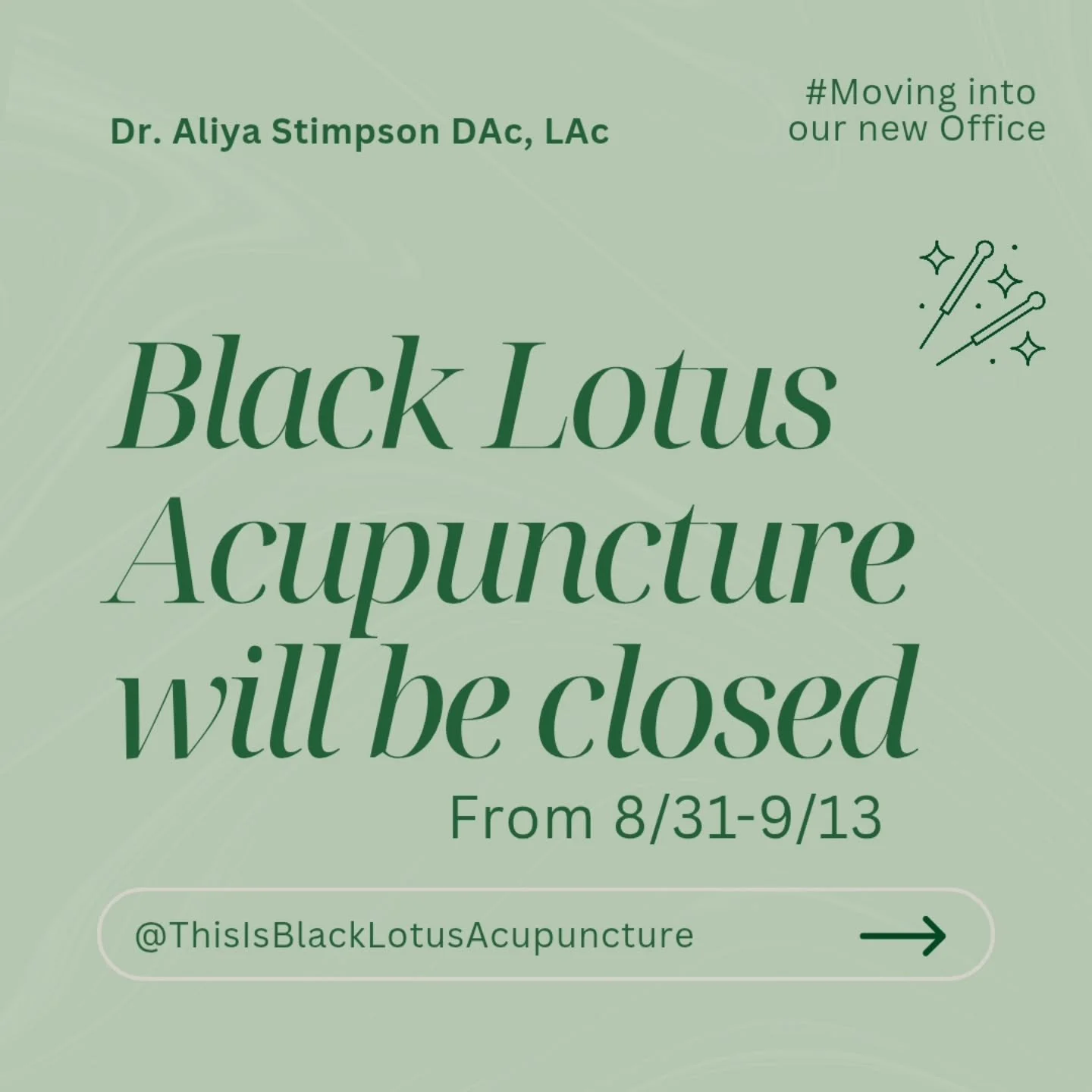 🪷We are moving! But not far~ 🪷

We will be in the same building but need some time to make out new office beautiful for you to come in~ 

🪷Until then feel free to book ahead at 
Blacklotusacupuncture.janeapp.com 

We will have a new schedule start
