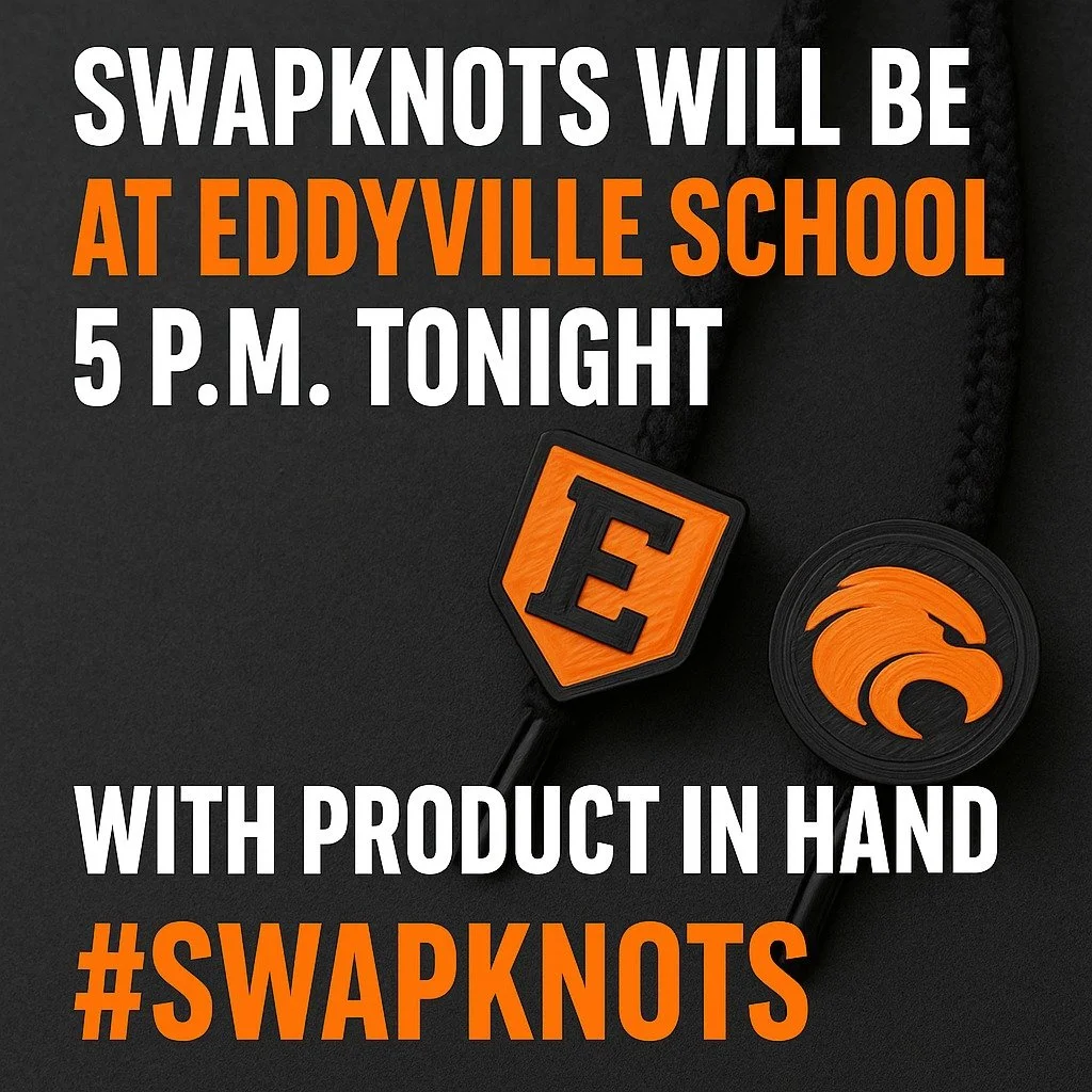 Hey Eddyville folks! 🎉 Catch us tonight at the school at 5 PM for Back-to-School Night! We&rsquo;ll have #SwapKnots ready to show off and chat about customizing your own. Whether it's for your hoodie, backpack, or just to flash some school spirit, c