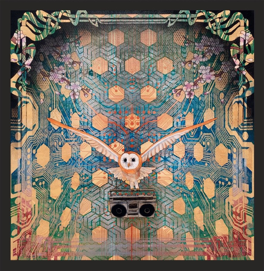 Abstract artwork featuring a white owl with outstretched wings above a vintage boombox. The background is a digital circuit pattern with hexagonal shapes and floral elements around the edges.