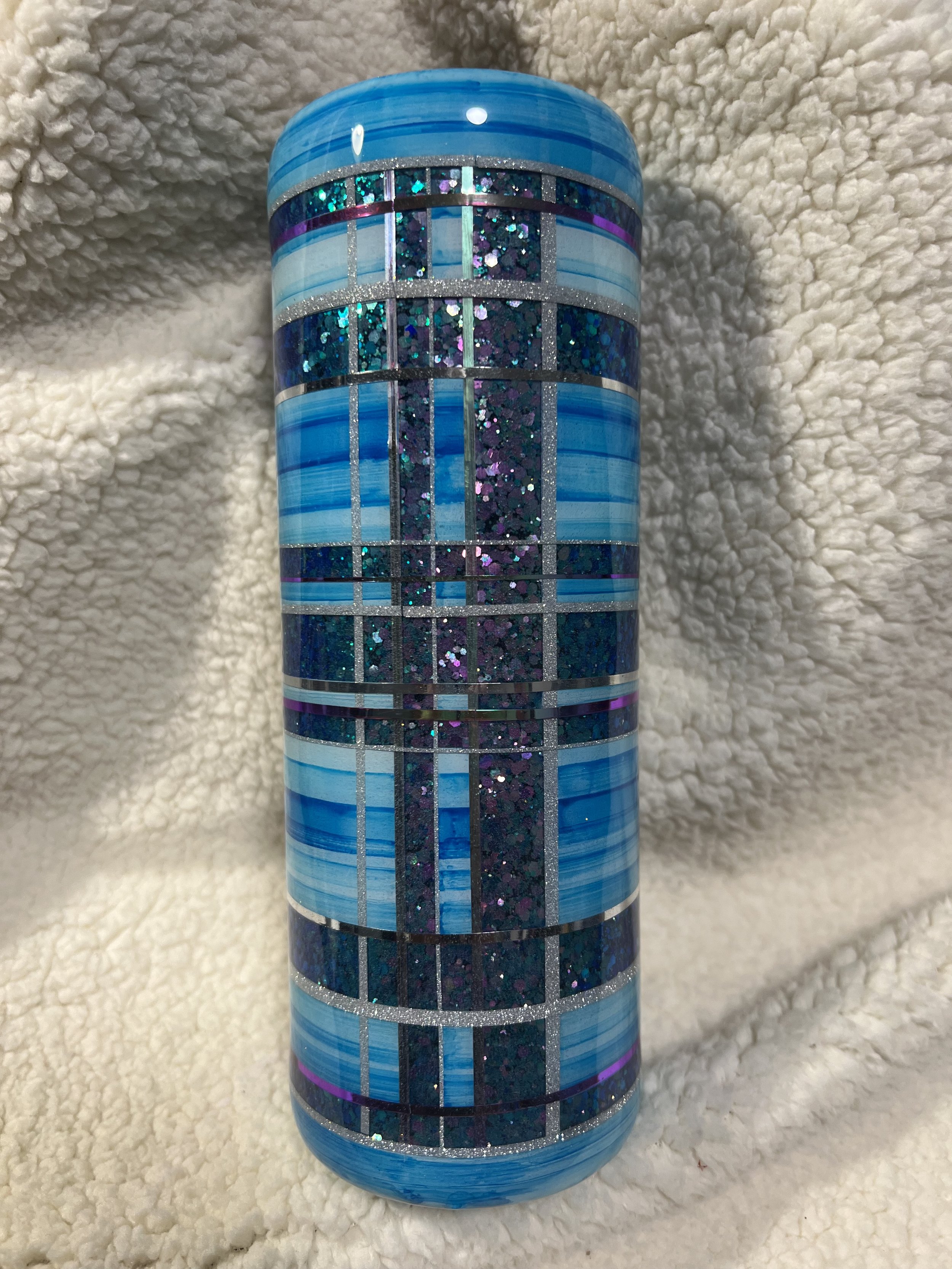 20 oz Skinny - Blue Serape Plaid Glitter