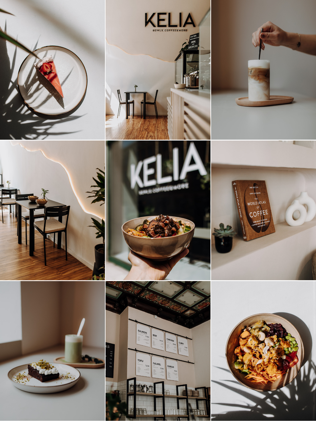 Innenaufnahme eines Cafés mit minimalistischem Dekor, Tischen und Stühlen, sowie Kaffee- und Speisenangeboten wie Kuchen, Salat und Getränken.