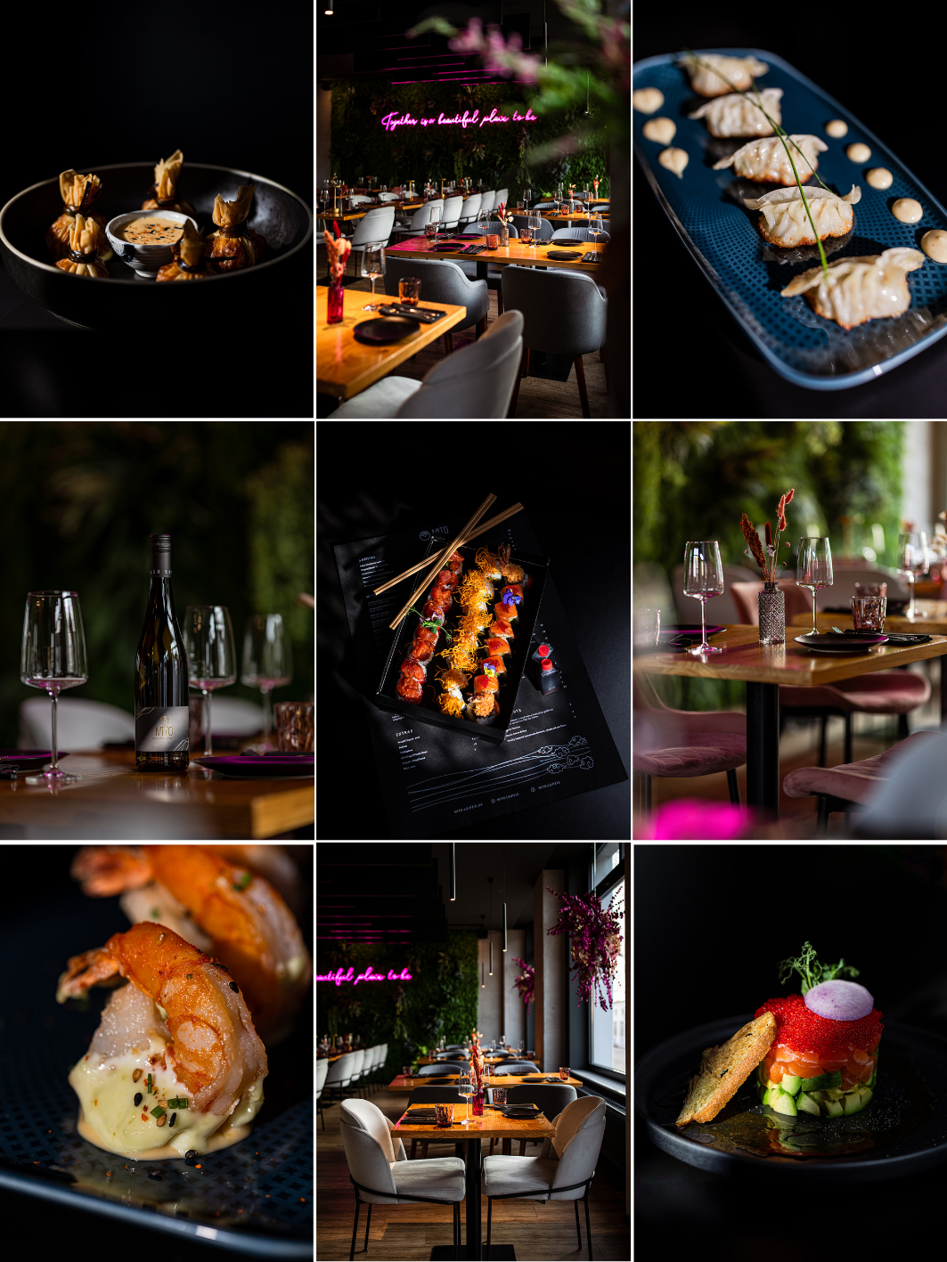 Bunte Speisen und Drinks in einem eleganten Restaurant mit moderner Dekoration, Kerzenschein und schön gedeckten Tischen.