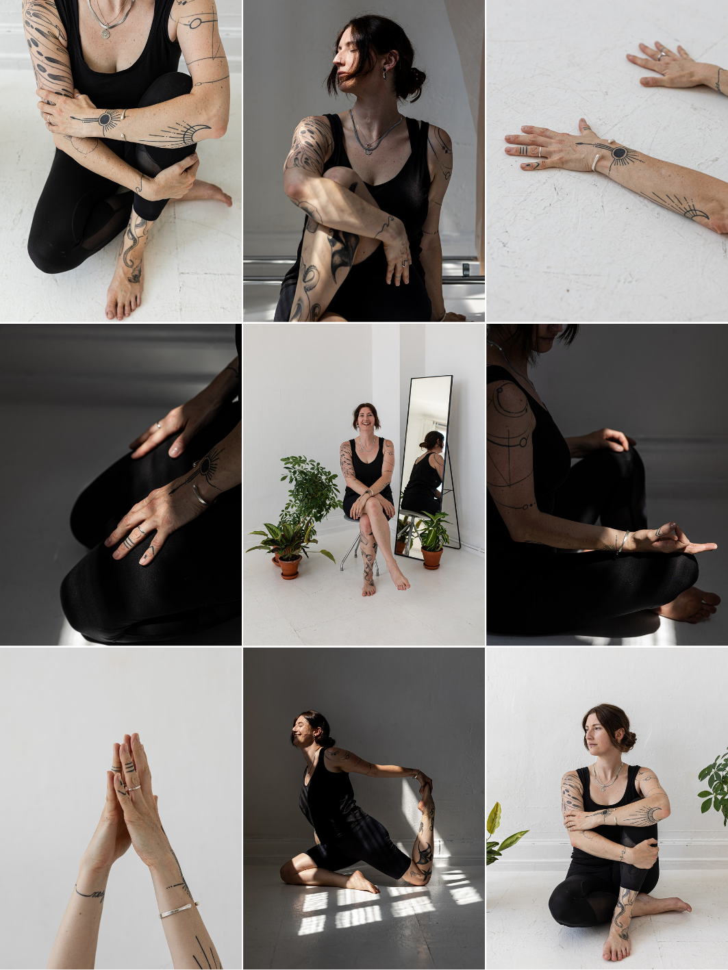 Eine junge Frau mit Tattoos in verschiedenen Yoga-Posen, sitzt auf dem Boden, vor einem Spiegel, in einem hellen Raum mit Pflanzen, trinkt Wasser, meditiert und macht Yogaübungen.