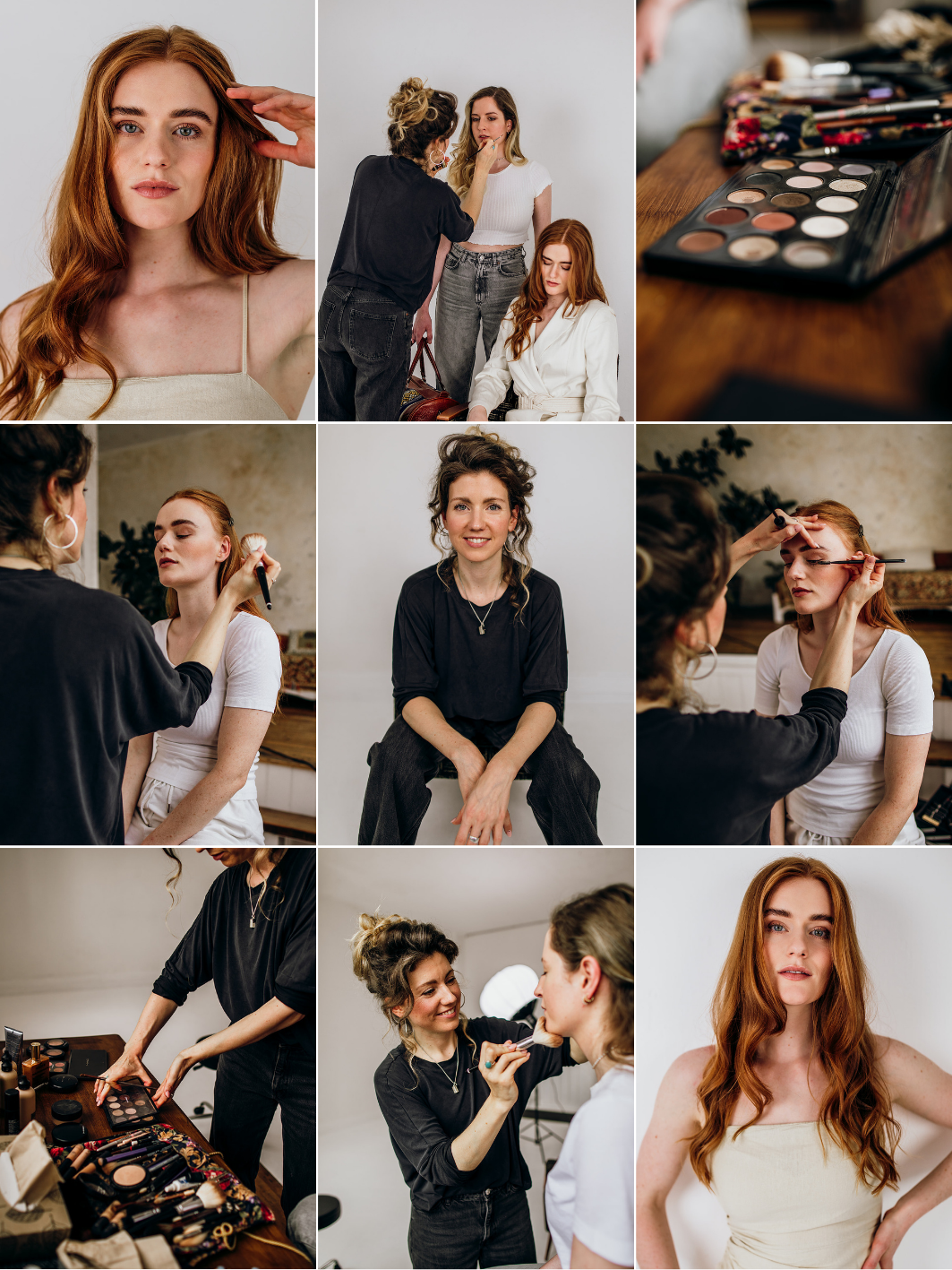 Eine Frau wird für ein Fotoshooting geschminkt, während sie in verschiedenen Posen sitzt und posiert, mit Makeup-Tools und -Produkten sichtbar auf einem Tisch.