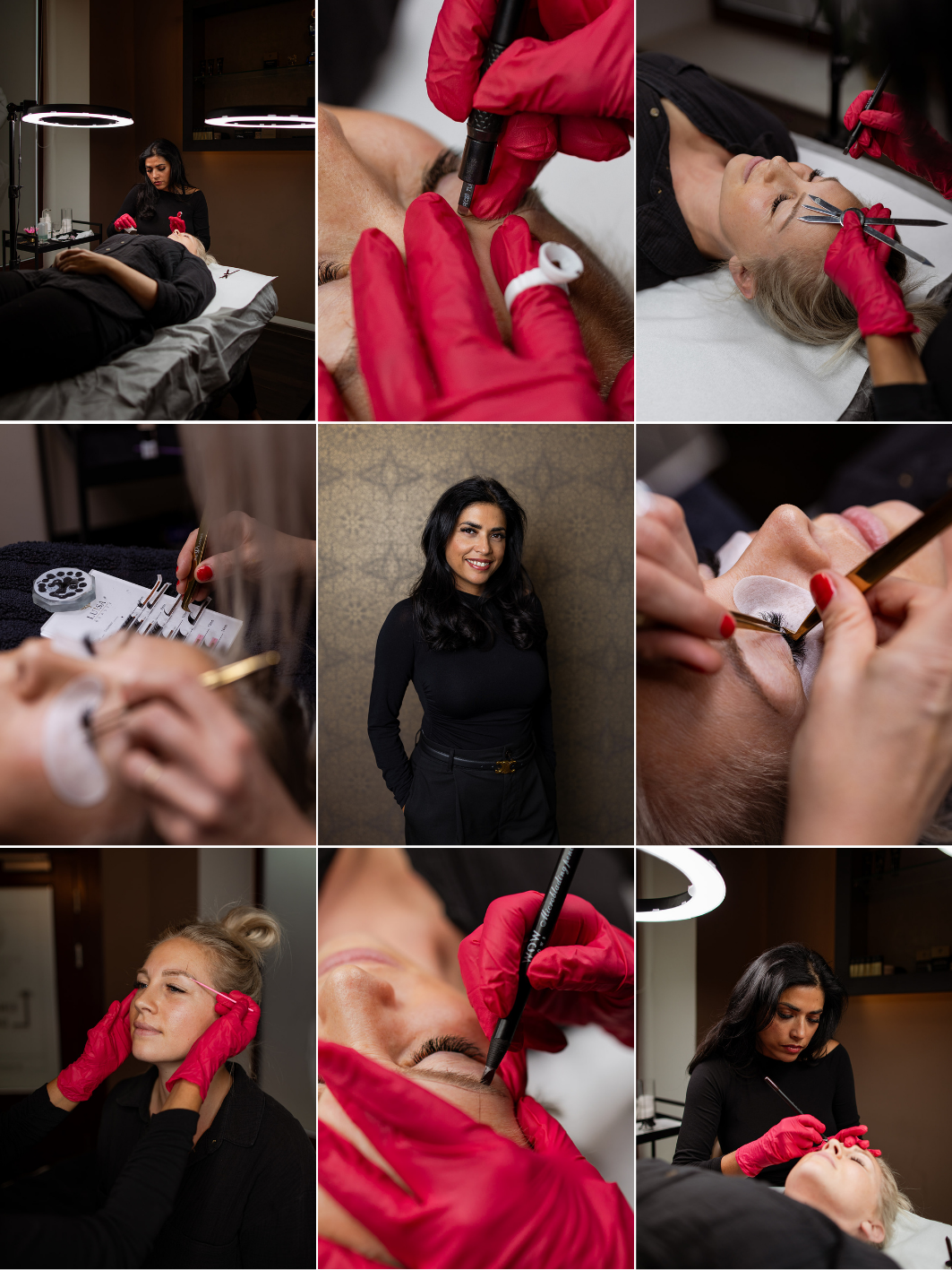 Verschiedene Szenen eines Schönheitsstudios: Kosmetikerinnen behandeln Kunden mit Hautpflege, Make-up und anderen Schönheitsanwendungen, während eine Frau lächelnd im Zentrum der Bilder zu sehen ist.