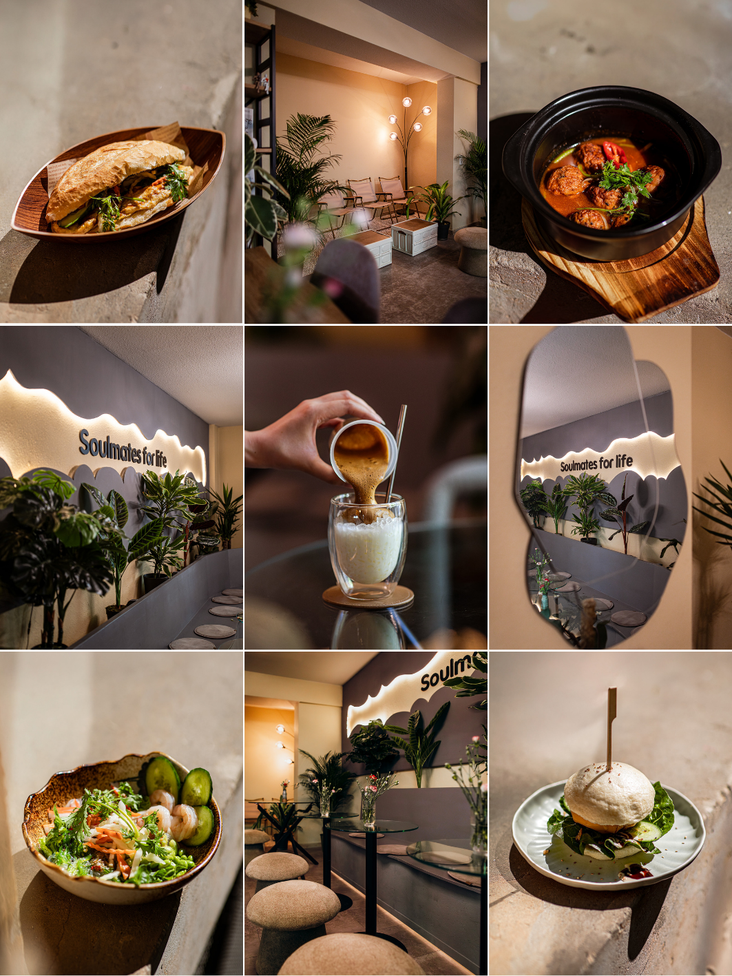 Eine Collage mit verschiedenen Bildern eines modernen Cafés oder Restaurants, das eine gemütliche Atmosphäre mit Pflanzen, Beleuchtung und Sitzgelegenheiten bietet. Es zeigt ein Sandwich, eine Suppenschüssel, einen Kaffee, einen Haussalat, einen Milc