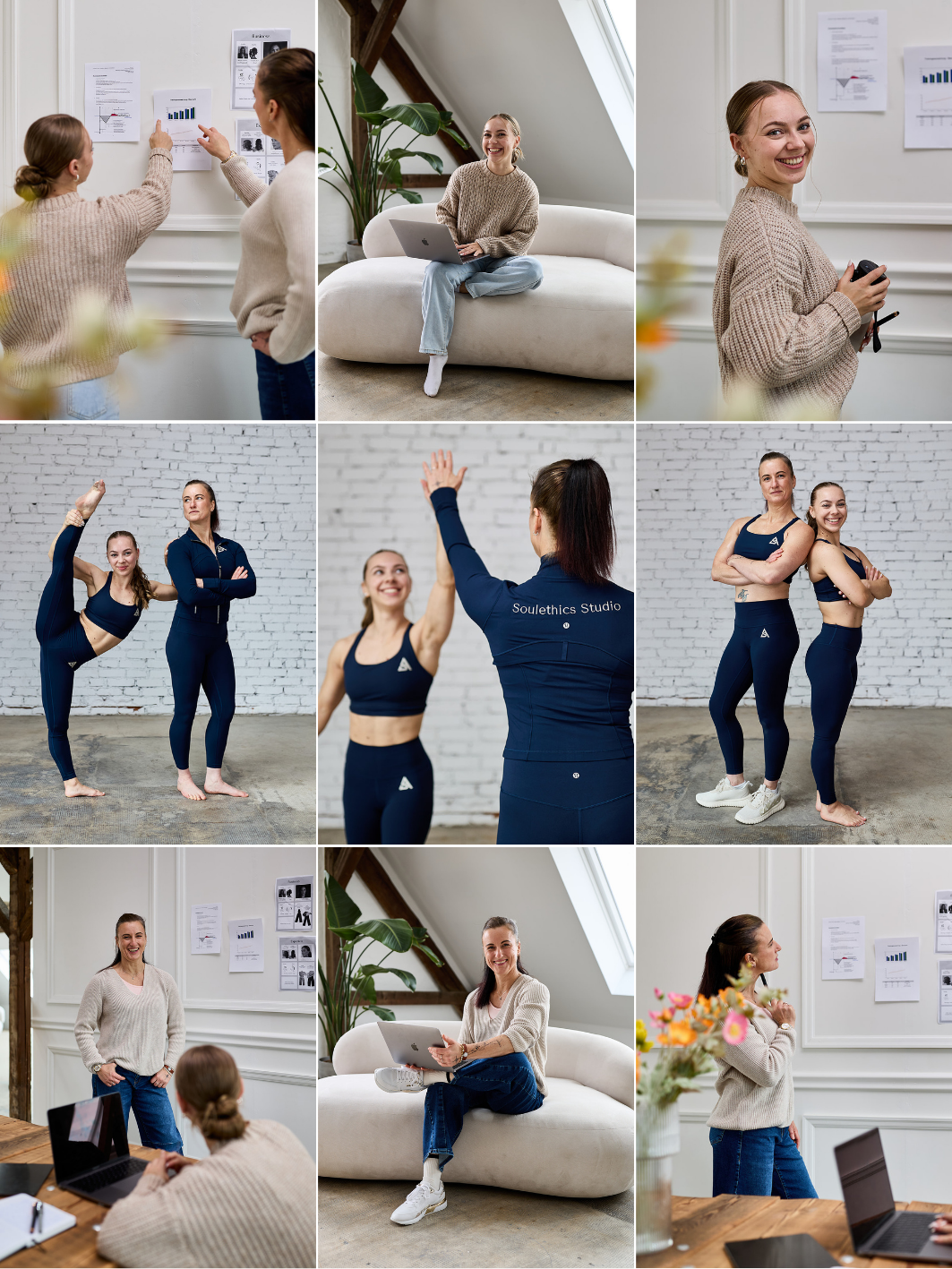 Bilder zeigen Frauen in verschiedenen Alltagssituationen. Drei Bilder im Büro oder Zuhause mit Präsentationen und Gesprächen, drei Bilder im Fitnessstudio mit Training und Trainingstrainerinnen, und drei Bilder in einem kreativen oder professionellen
