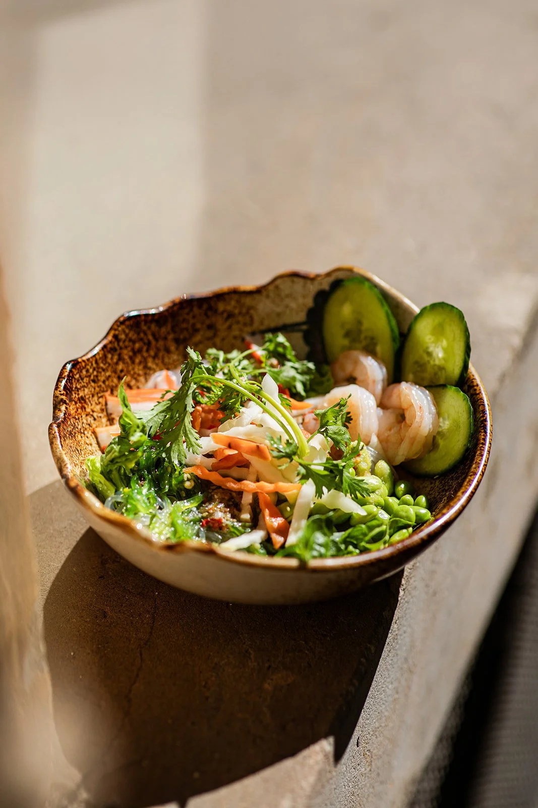 Schüssel mit frischem Salat, Gurkenscheiben, Garnelen, Karotten, grünen Bohnen und Koriander.
