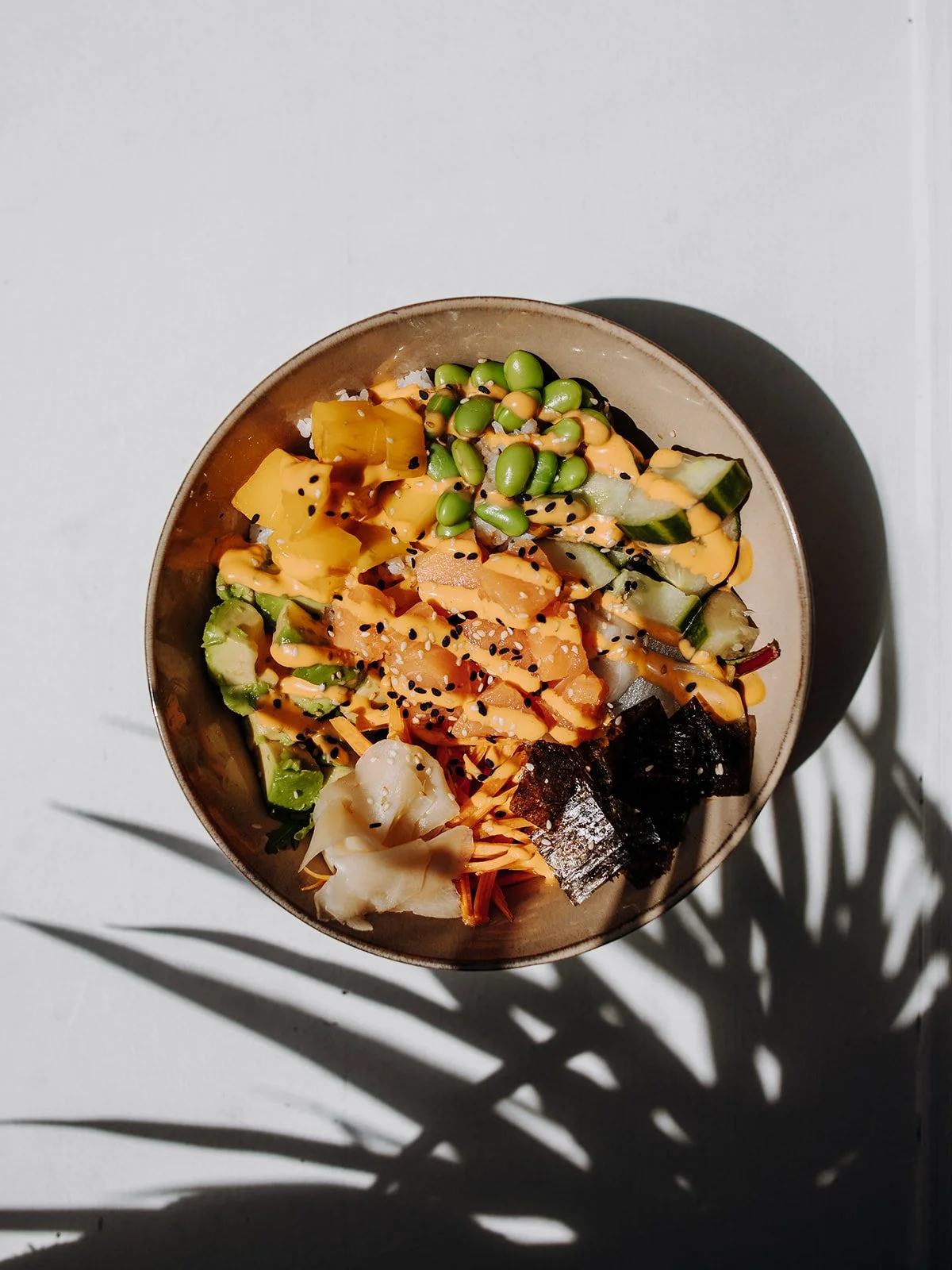 Schüssel mit buntem Sushi, bestehend aus Reis, Gemüse, Avocado, Gurke, Karotten, Nori-Blätter und Sesam, auf weißer Oberfläche mit Schatten einer Pflanzen.