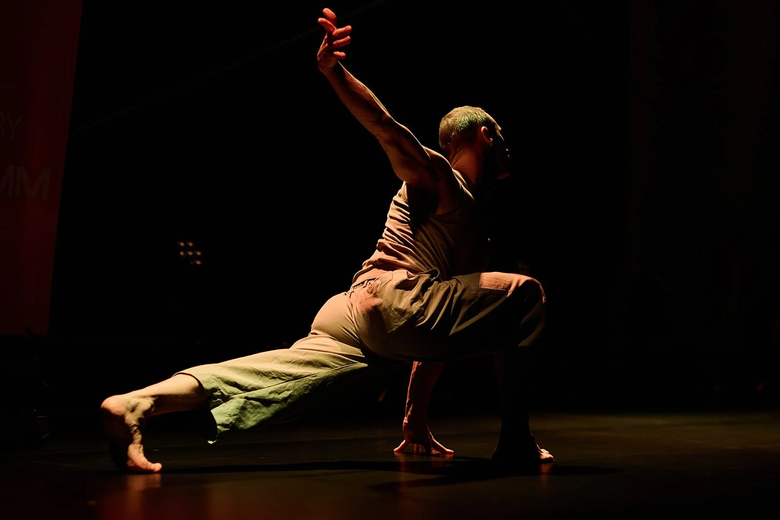 Ein Mensch in einer Tanzpose, auf einer Bühne im Schatten, mit erhobenen Armen und in einer tiefen Knieposition.