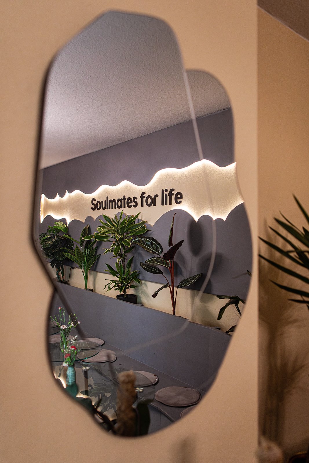 Spiegelbild mit Pflanzen und der Aufschrift 'Soulmates for life' an der Wand.