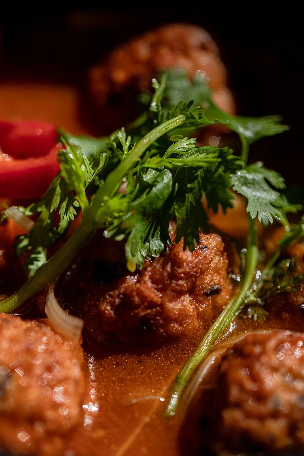 Nahaufnahme von Hackfleischbällchen in einer Soße mit Koriander auf der obersten Ebene.