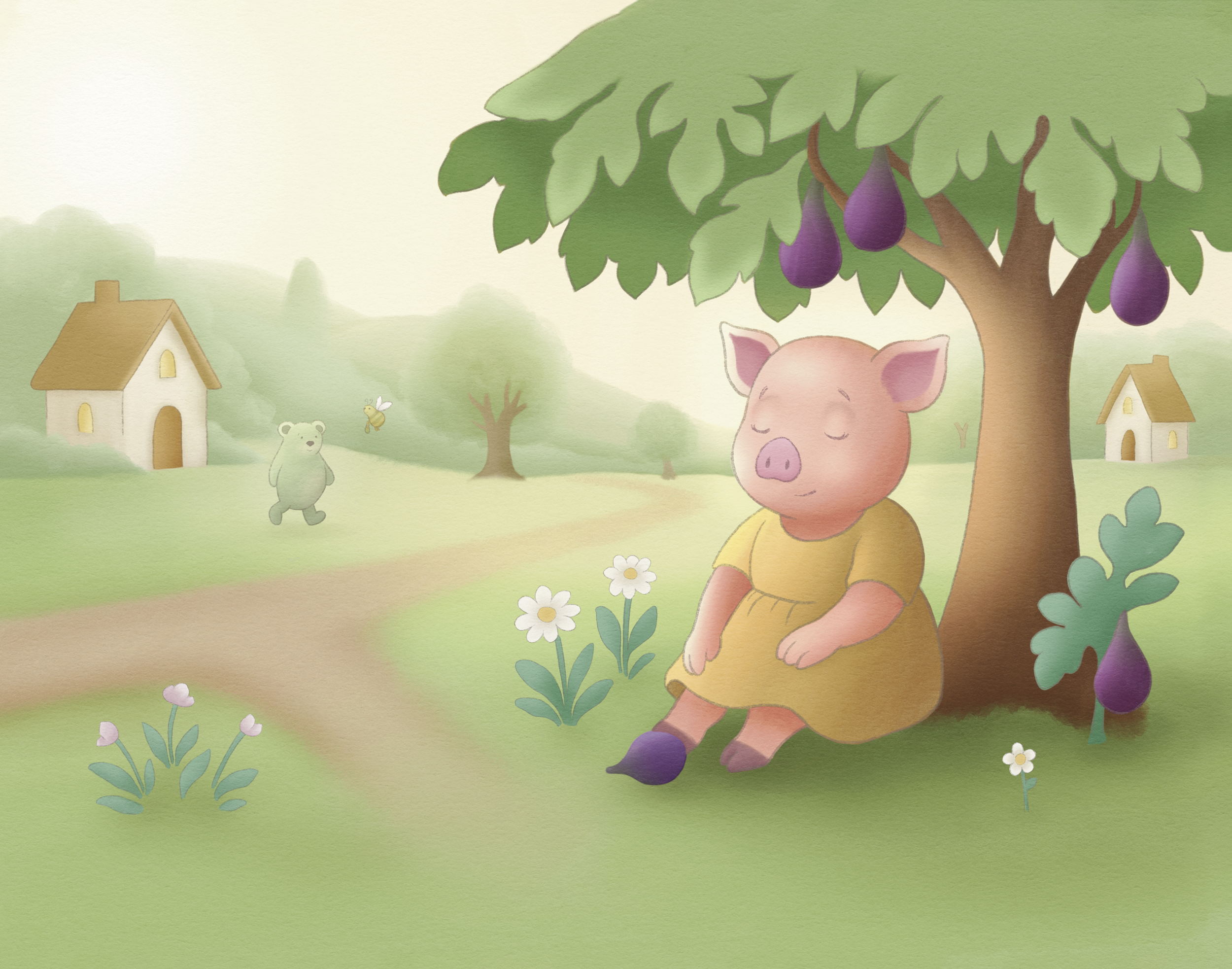 A cartoon pig sitting under a fig tree with ripe purple figs, with a small house and a bear nearby in a green landscape.