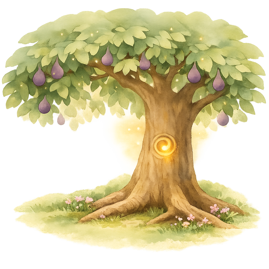 A whimsical illustrated tree with a sturdy trunk, green leaves, purple fruit, and pink flowers at its base, glowing with a warm, magical light.