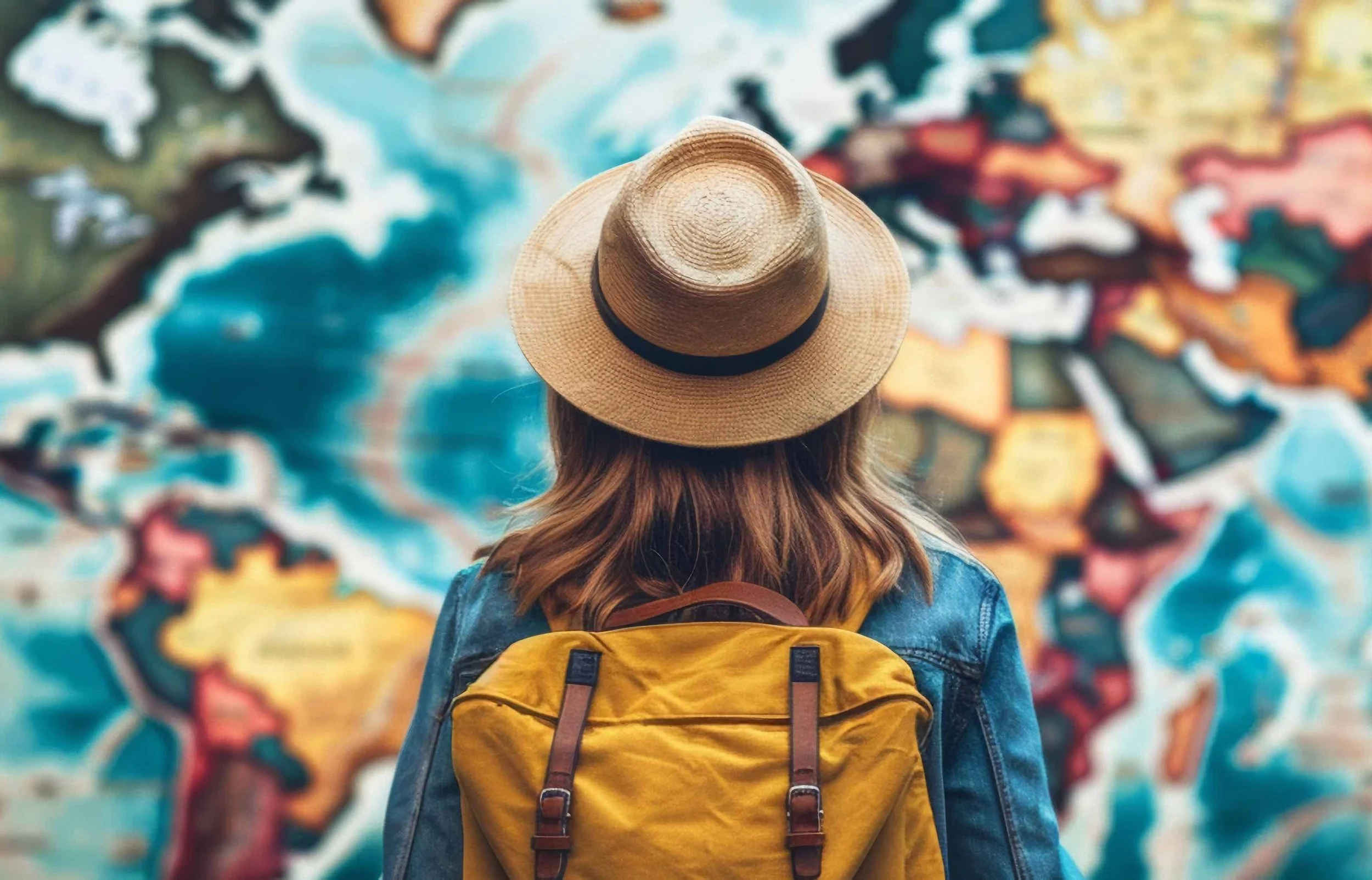 Person with yellow backpack and straw hat looking at colorful world map.
