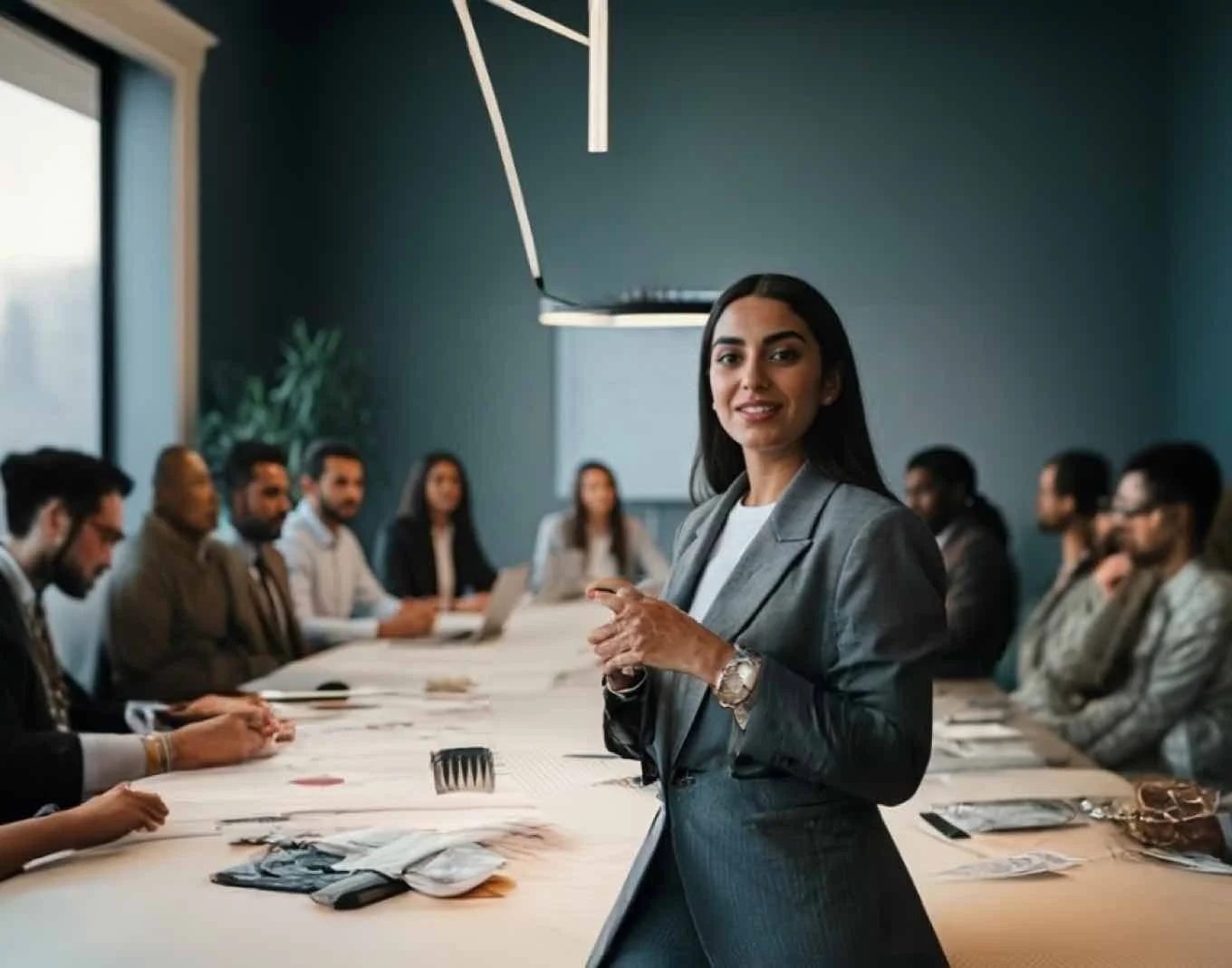 A business meeting with a diverse group of people sitting around a conference table. A woman in a gray suit stands and smiles at the camera. Papers and laptops are visible on the table.