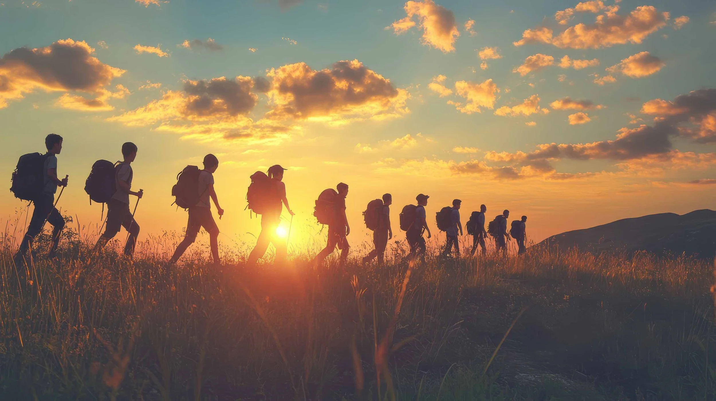 Group of hikers walking during sunset with backpacks on