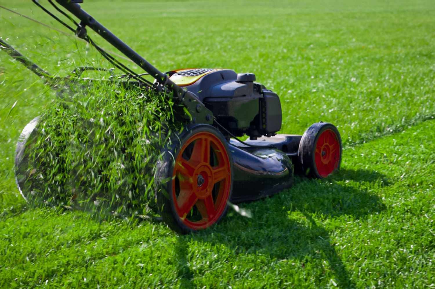 Lawn mower cutting grass with red wheels