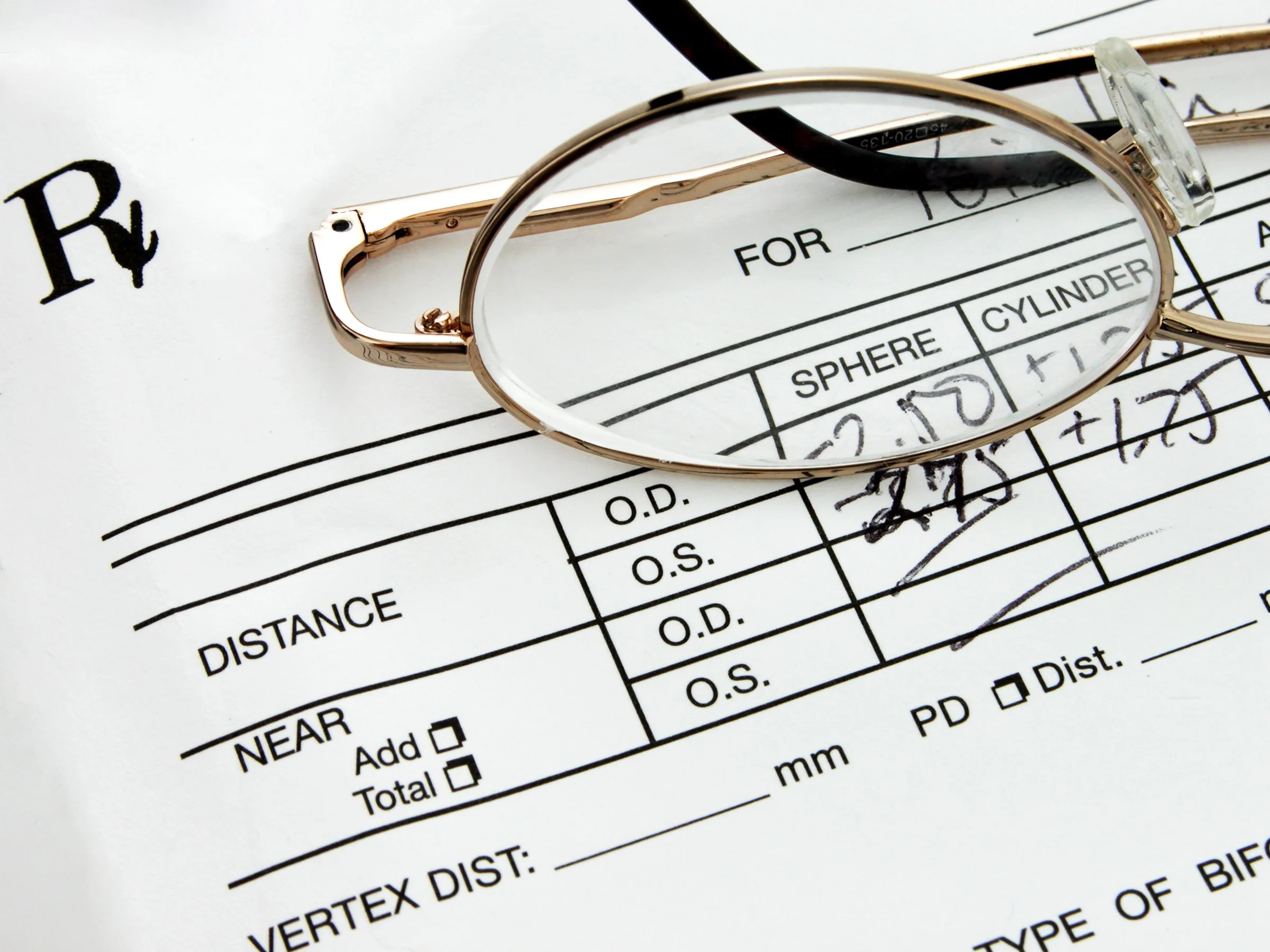 Close-up of a prescription form with a pair of eyeglasses resting on top of it.