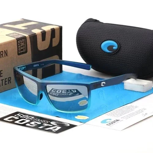 Blue Costa sunglasses with a black protective case, a cardboard box, and a sheet of paper with Costa branding